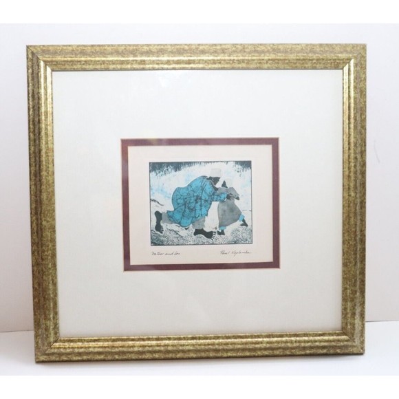 "Father and Son" By Paul Nzalamba Lithograph‎ Wood Frame Glass Signed - Picture 1 of 5